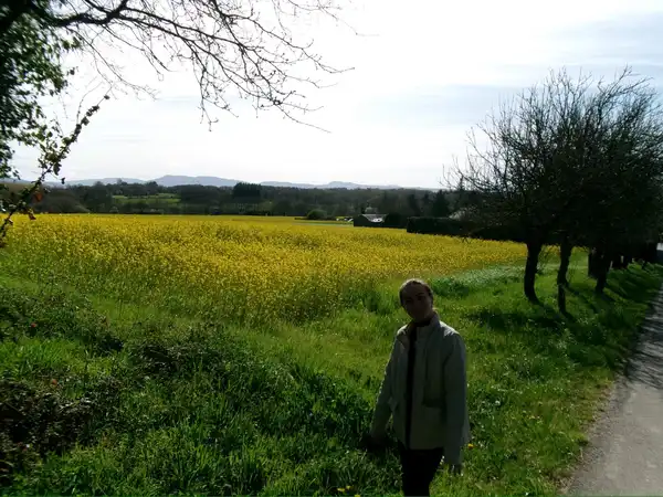 Agus junto a un campo de flores amarillas